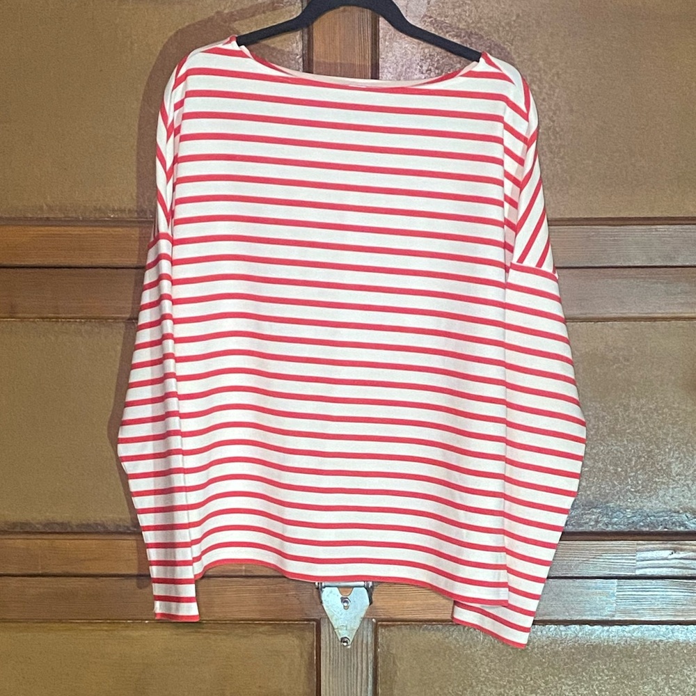 SPANX Red and White Striped Boat Neck Long Sleeve Top